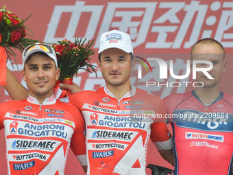 (Left-Right) Matteo Malucelli, Marco Benfatto (both Androni Sidermec Bottecchia team) and Siarhei Papok (Minsk) -  the podium of the fourth...