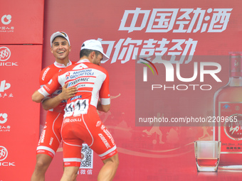 (Left-Right) Matteo Malucelli and Marco Benfatto (both Androni Sidermec Bottecchia team), during the Awards Ceremony of the fourth stage of...