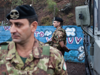 Italian troops stand guard outside the Vesuvius by Naples, Campania Grouping, Commandant is Colonel Salvatore Alessandro Sarci, Naples Septe...