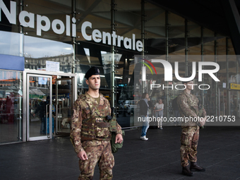 Italian troops stand guard outside the Central Station by Naples, Campania Grouping, Commandant is Colonel Salvatore Alessandro Sarci, Naple...