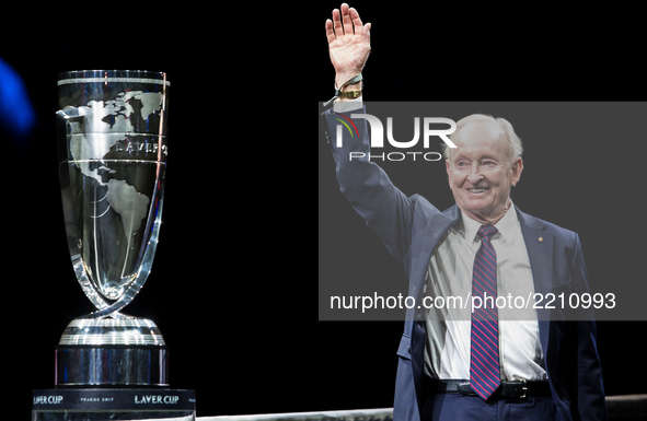 Rod Laver with his trophy during the opening ceremony at the first day at Laver Cup on Sept 22, 2017 in Prague, Czech Republic. 