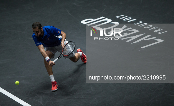 Team Europe player Marin Cilic of Croatia wins over Team World player Frances Tiafoe of United States during the first day at Laver Cup on S...