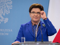 Prime Minister of Poland Beata Szydlo during the press conference after meeting with Prime Minister of Hungary Viktor Orban at Chancellery o...