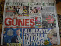 Gunes, a pro-government Turkish daily newspaper, depicts the recent ongoing crisis between Germany and Turkey on its front page with a portr...