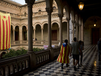 A giant estelada flag (Catalonia independence sign) hangs at the courtyard of the University of Barcelona, Spain on 22 September, 2017. Stud...