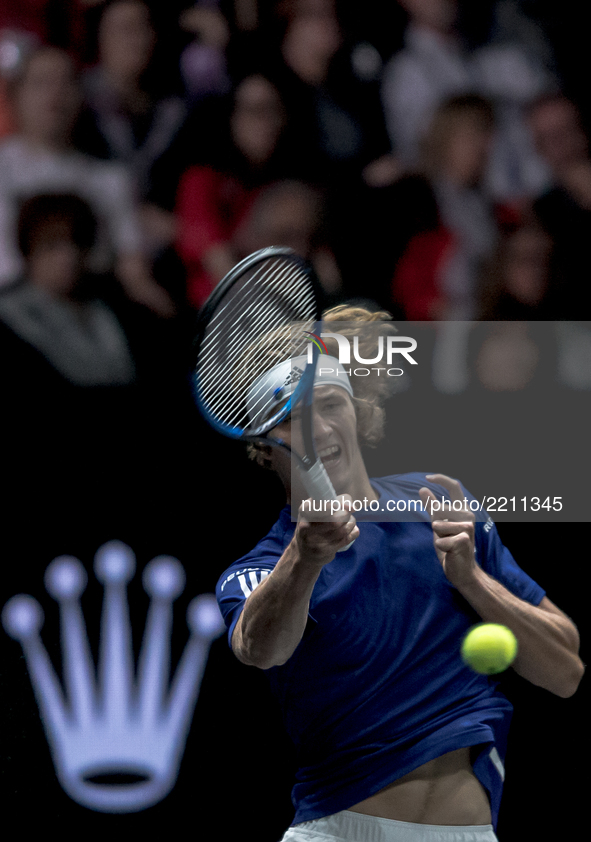 Team Europe player Alexander Zverev of Germany returns the ball to Team World player Denis Shapovalov of Canada during the first day at Lave...