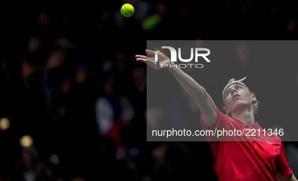 Team World player Denis Shapovalov of Canada serves against Team Europe player Alexander Zverev of Germany during the first day at Laver Cup...