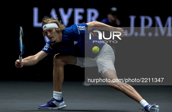Team Europe player Alexander Zverev of Germany returns the ball to Team World player Denis Shapovalov of Canada during the first day at Lave...