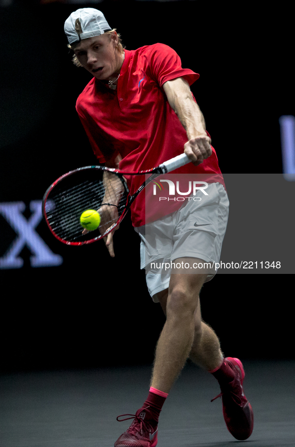 Team World player Denis Shapovalov of Canada returns the ball to Team Europe player Alexander Zverev of Germany during the first day at Lave...