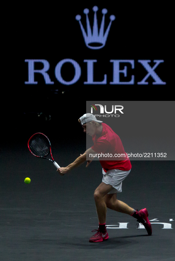 Team World player Denis Shapovalov of Canada returns the ball to Team Europe player Alexander Zverev of Germany during the first day at Lave...
