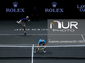 Rafael Nadal and Tomas Berdych of Team Europe in action during there doubles match against Nick Kyrgios ans Jack Sock of Team World on the f...