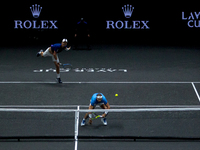 Rafael Nadal and Tomas Berdych of Team Europe in action during there doubles match against Nick Kyrgios ans Jack Sock of Team World on the f...