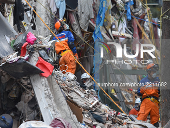 Japanese rescuers are seen during their rescue efforts in the rubble of the multi-family apartments on  Tlalpan Avenida due to the earthquak...