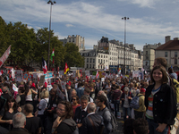 Demonstrators assembly at 'Place de la Bastille' against labor law reform in Paris, France on September 23, 2017. Thousands arrived to the m...