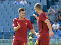Edin Dzeko celebrates with Stephan El Shaarawy  after scoring a goal during the Italian Serie A football match between A.S. Roma and Udinese...