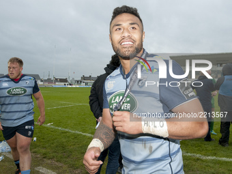 Willis Halaholo of Cardiff celebrates after the Guinness PRO14 Conference A match between Connacht Rugby and Cardiff Blues at the Sportsgrou...