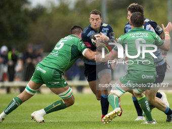 Steven Shingler of Cardiff tackled by Quinn Roux (5) of Connacht during the Guinness PRO14 Conference A match between Connacht Rugby and Car...
