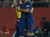 Luis Suarez from Uruguay of FC Barcelona celebrating his goal with Leo Messi from Argentina of FC Barcelona during the La Liga match between...