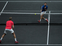 Team Europe players Tomas Berdych and Marin Cilic plays against Team World players Jack Sock and John Isner during the third day at Laver Cu...