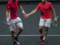 John Isner and Jack Sock of Team World celebrate during there mens doubles match between Tomas Berdych and Marin Cilic of Team Europe on the...