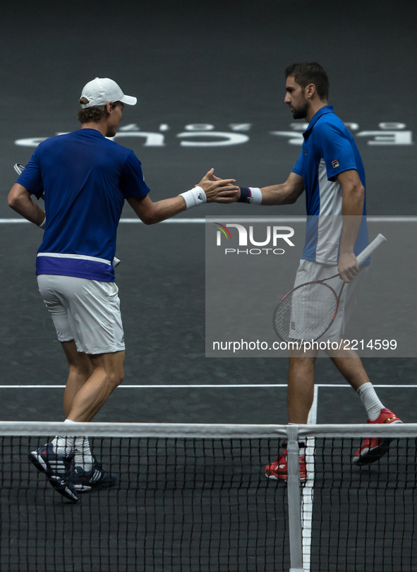 Tomas Berdych and Marin Cilic of Team Europe react during there mens doubles match between John Isner and Jack Sock of Team World on the fin...