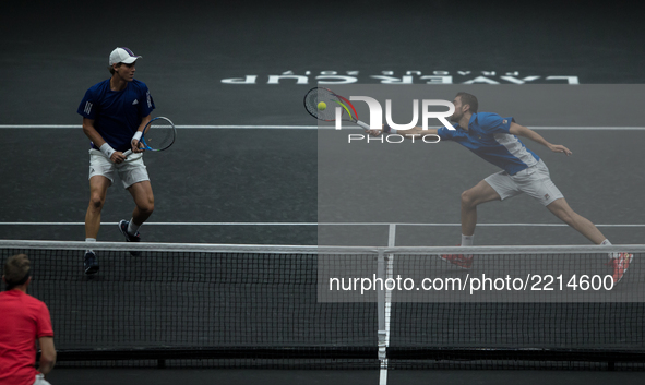 Tomas Berdych and Marin Cilic of Team Europe during there mens doubles match between John Isner and Jack Sock of Team World on the final day...