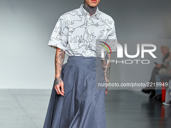 A model saunters down the runway in A.W.A.K.E's SS18 collection Sept 15th 2017 at 180 Strand  during the London Fashion Week, in London, on...
