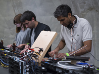 Haroon Mirza and Factory Floor perform at the Serpentine Park Nights 'Forget Amnesia' event at the Serpentine Pavillion, Kensington Gardens,...