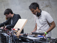 Haroon Mirza and Factory Floor perform at the Serpentine Park Nights 'Forget Amnesia' event at the Serpentine Pavillion, Kensington Gardens,...
