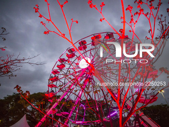 Action takes color pink ferris wheel for the Ibirapuera Park in São Paulo, to warn of the importance of early detection of breast cancer as...