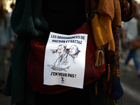 The sticker reads 'Ordonnaces of Macron and Gattaz, I don't want !!'. More than 15000 protesters took to the streets of Toulouse against the...