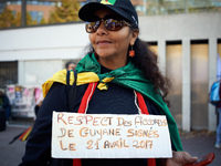 A woman wears a plaacrd asking for Macron to respect the French Guyana agreements. More than 15000 protesters took to the streets of Toulous...