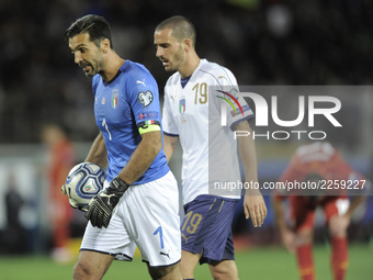 Gianluigi Buffon of Italy goalkeeper and Leonardo Bonucci of Italy player during the match valid for the Qualifying Round of Fifa World Cup...