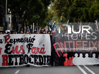 Anti-fascists group marched in Barcelona to protest against the Spanish NationalDay, in Barcelona, Spain, on 12 October 2017.(