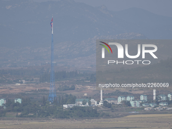 North Korean Gijungdong propaganda village with giant 160m flagpole, visible from Dora Observatory in South Korea near the DMZ, October 13,...