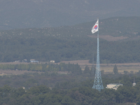 View of a South Korean flagpole from Dora Observatory near the Demilitarized Zone (DMZ) dividing two Koreas, October 13, 2017. (
