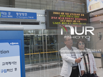 Tourists taking pictures inside Dorasan Station, the northern most international railway station in South Korea, which connects North Korea....