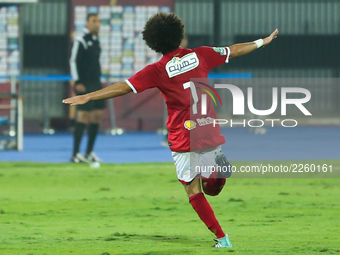 Hussein Sayed of Al-Ahly Sporting Club celebrates a score during the Egypt Premier League match between Al-Ahly Sporting Club and Ittehad at...
