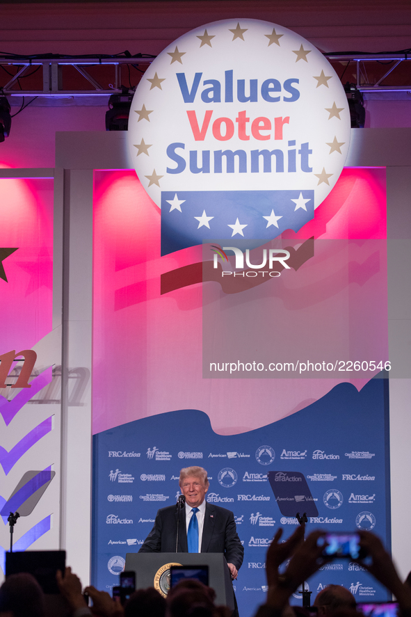 President Donald Trump speaks at the 2017 Values Voter Summit, at the Omni Shoreham Hotel in Washington, D.C., on Friday, October 13, 2017.