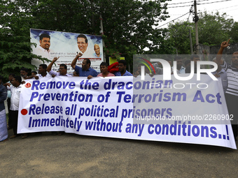 Sri Lankan Tamil activists shout slogans demanding the release of Tamil political prisoners at Jaffna, Northern province, Sri Lanka on Frida...
