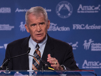 Oliver North, political commentator and former United States Marine Corps Lieutenant Colonel, speaks at the 2017 Values Voter Summit, at the...