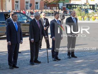 Presidents: Andrzej Duda of Poland, Milos Zeman of the Czech Republic, Janos Ader of Hungary and Andrej Kiska of Slovakia arrive for the mee...