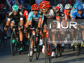 Diego Ulissi from UAE Team Emirates, in the head of the peloton during the last kilometres of the fifth stage - the 166 km Vestel Selcuk to...