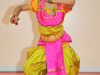 Bharatnatyam dancer practices an expressive dance backstage before a performance at a Tamil Hindu temple in Ontario, Canada. (