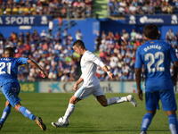 Real Madrid's Portuguese forward Cristiano Ronaldo in action during the Spanish league football match Getafe CF vs Real Madrid CF at the Col...