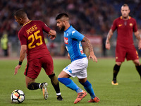 Bruno Peres of Roma is challenged by Lorenzo Insigne of Napoli during the Serie A match between Roma and Napoli at Olympic Stadium, Roma, It...