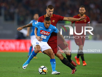 Allan Loudeiro of Napoli and Edin Dzeko of Roma during the Italian Serie A football match AS Roma vs Napoli at the Olympic Stadium in Rome,...