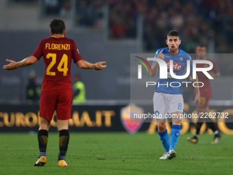 Jorginho of Napoli reclaiming with Alessandro Florenzi of Roma after a tackle during the Italian Serie A football match AS Roma vs Napoli at...