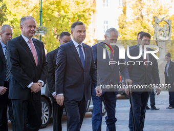 Presidents: Andrzej Duda of Poland, Milos Zeman of the Czech Republic, Andrej Kiska of Slovakia and Janos Ader of Hungary during their meeti...