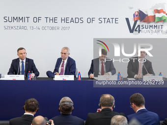 Presidents: Andrzej Duda of Poland, Milos Zeman of the Czech Republic, Andrej Kiska of Slovakia and Janos Ader of Hungary during a press con...